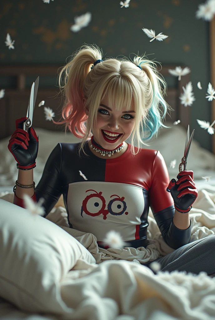 Harley Quinn cutting bed pillow with scissors