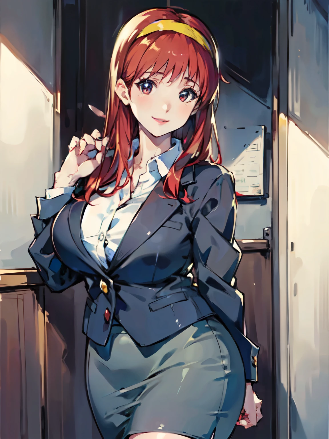 fujisaki shiori, cowboy shot, secretary, lipstick((masterpiece)), ((best quality)), (ultra-detailed), ((extremely detailed)), 4K, (8K), mature female, solo, house wife, 48years old(perfect anatomy:1.3), (five fingers), , ((beautiful detailed red hair)), (((world-class quality))), photorealistic, extremely detailed, high resolution, (detailed shaded pretty face), (mature lady), (beautiful detailed eyes), ((glowing detailed skin and hair)), white-skinned, shiny skin((gleaming skin))smile, shiny, plump BREAK (yellow hairband:1.2), wearing Dark Gray pencil Skirt, wearing Dark Gray business suit, wearing Dark Gray Jacket, White blouse, milf office lady BREAK 
