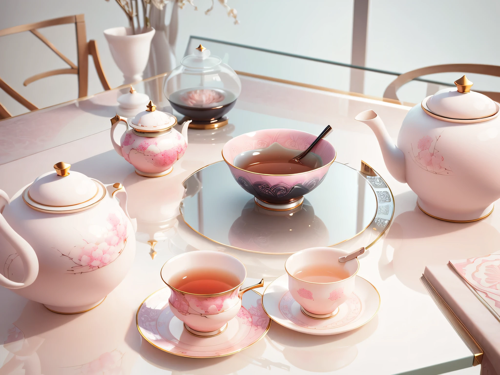 Surrealist Everyday Bowl, Gaiwan tea cup，Light pink reflection, ceramics, depicted as a 3 d render, Bone china texture, Semi-realistic rendering, reflections on a glass table, glass reflections on top, Rendering illustration, tableware，No distortion