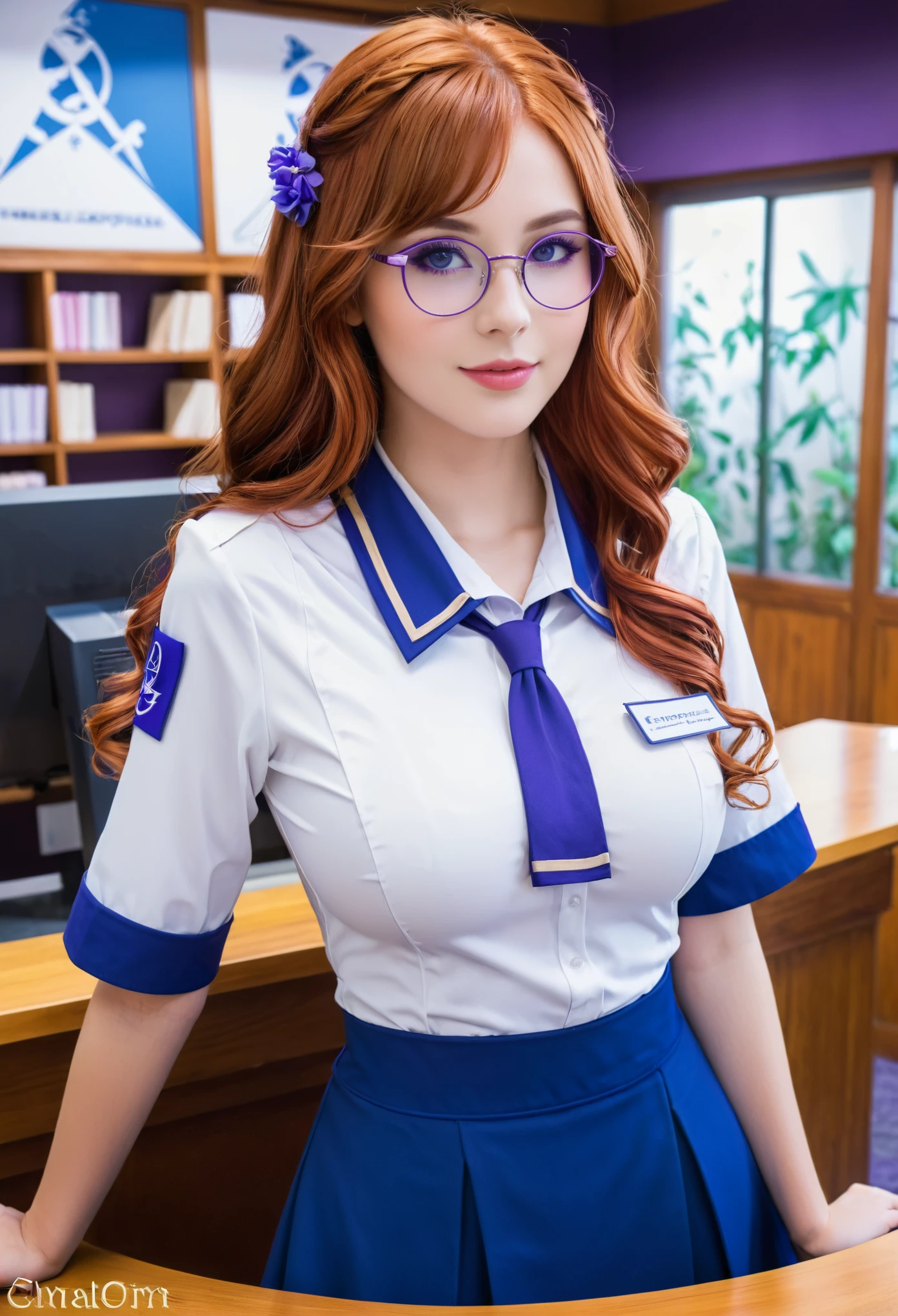 Guild girl, receptionist, ((medieval fantasy)), (another world), , red hair, wavy long hair, purple eyes, glasses, big breasts, receptionist uniform, blue and white uniform, calm atmosphere, reception counter ,analog,