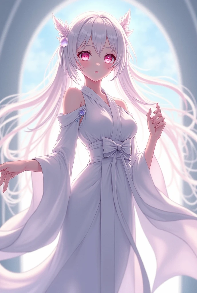 Adult female anime character, long white hair, pink eyes, White skin, long white kimono with a bow