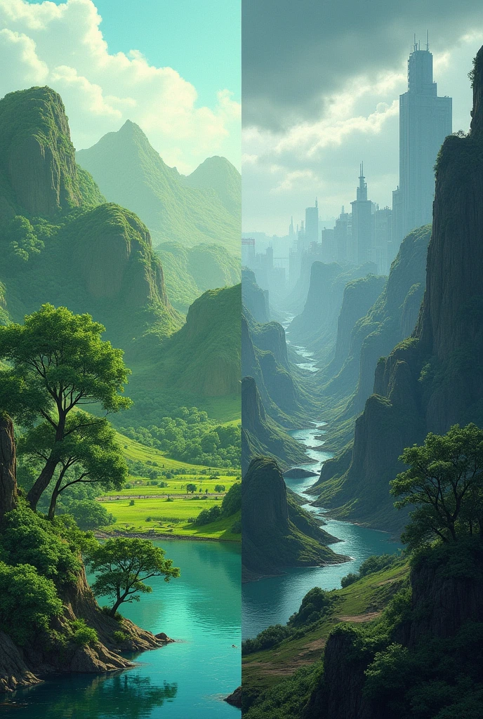 In one image a green area with water and in the other a polluted city without trees and animated dry 