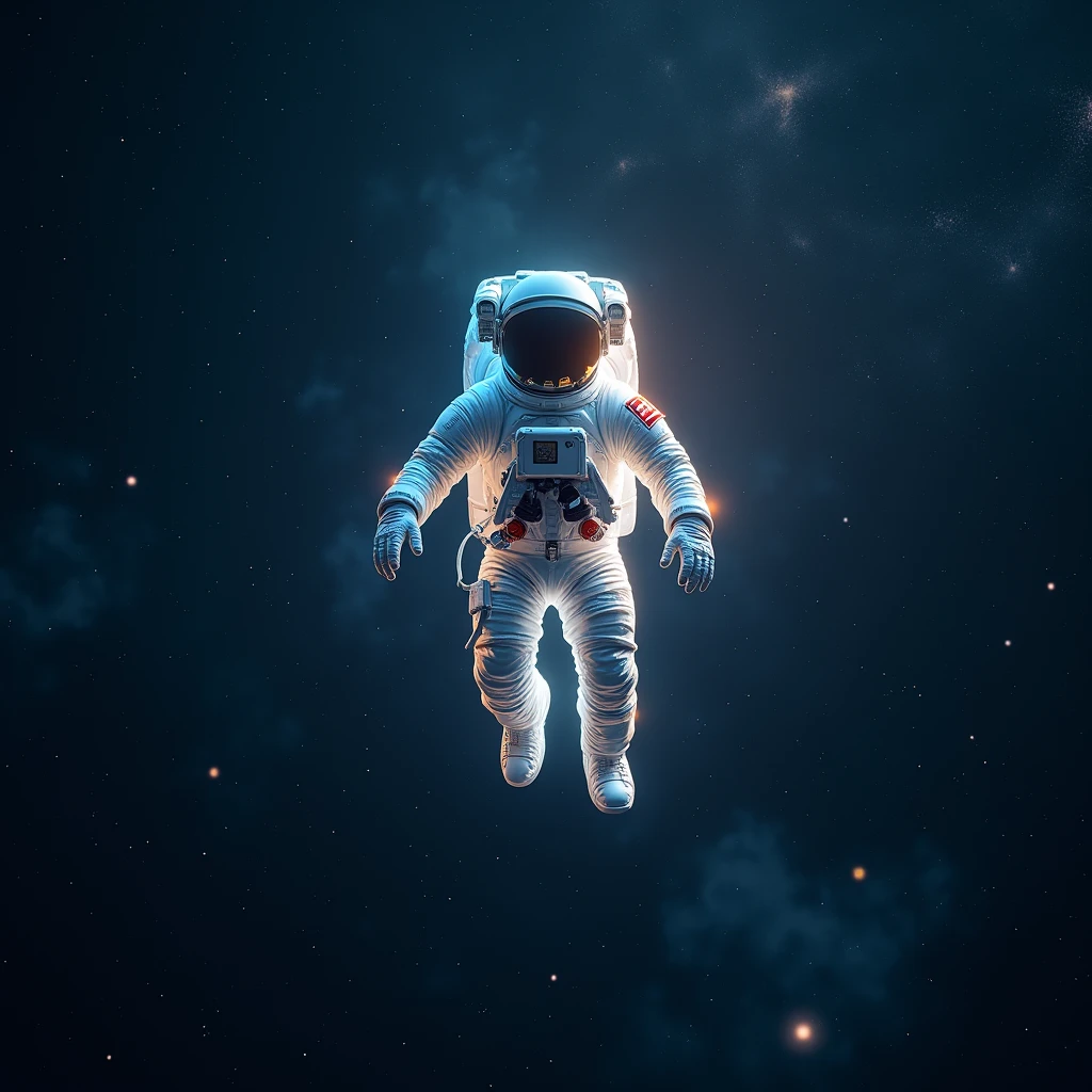 Astronaut in space. , shines , Many stars , constellations , galaxies , a shine comes out of his suit 