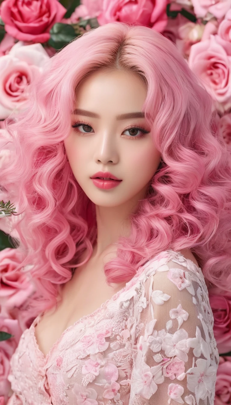 feminine,High detail and quality、8K Ultra HD、3d、Beautiful woman,Fuller lips、Pink Roses,Fashion magazine cover,Seamless patterns、Neutral pastel colors,Mysterious off-white world,Cloth Art、Art Station、A detailed pastel design combining magic and fantasy、splash、Wallpaper design aesthetics、White Tone、Realistic、super Realistic、Full color and impressive、Pink long curly hair、Asian Beauty、With a pair of men2Get along with people