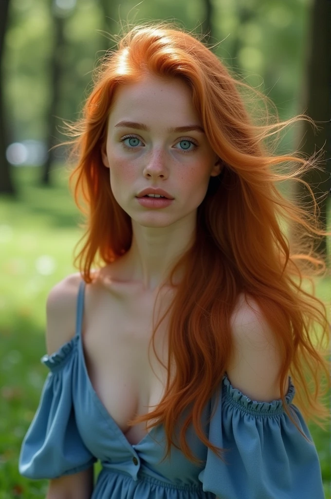 A closeup of a girl with long red hair and blue eyes with a blue dress sitting in the park, foto retrato suave 8k, color photograph portrait 4k, flowing ginger hair, cabelo longo de gengibre ventoso, retrato suave, large eyes and flowing long hair, cinematic portrayal, retrato colorido, cinematic realistic portrait, Redhead Girl, Retrato tirado 8K, Redhead Girl, rosto jovem atraente, modelo feminina, rosto detalhado, Katherine McNamara 8k