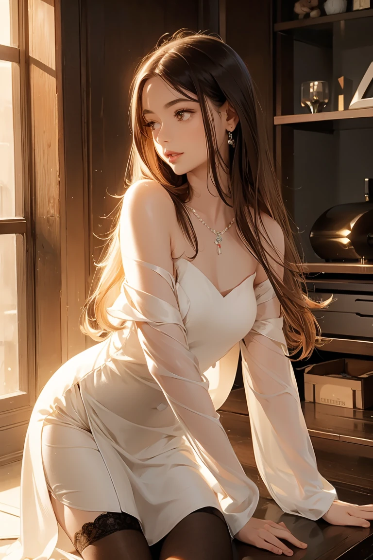 off shoulder dress,nude, naked, dasha, masterpiece, best quality, high resolution, 1 girl, Super high resolution, alone, stockings, brown eyes, , long hair, Bangs,necklace