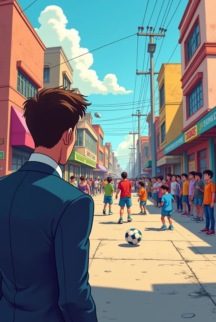 Cartoon of a talent scout watching teenagers playing street football