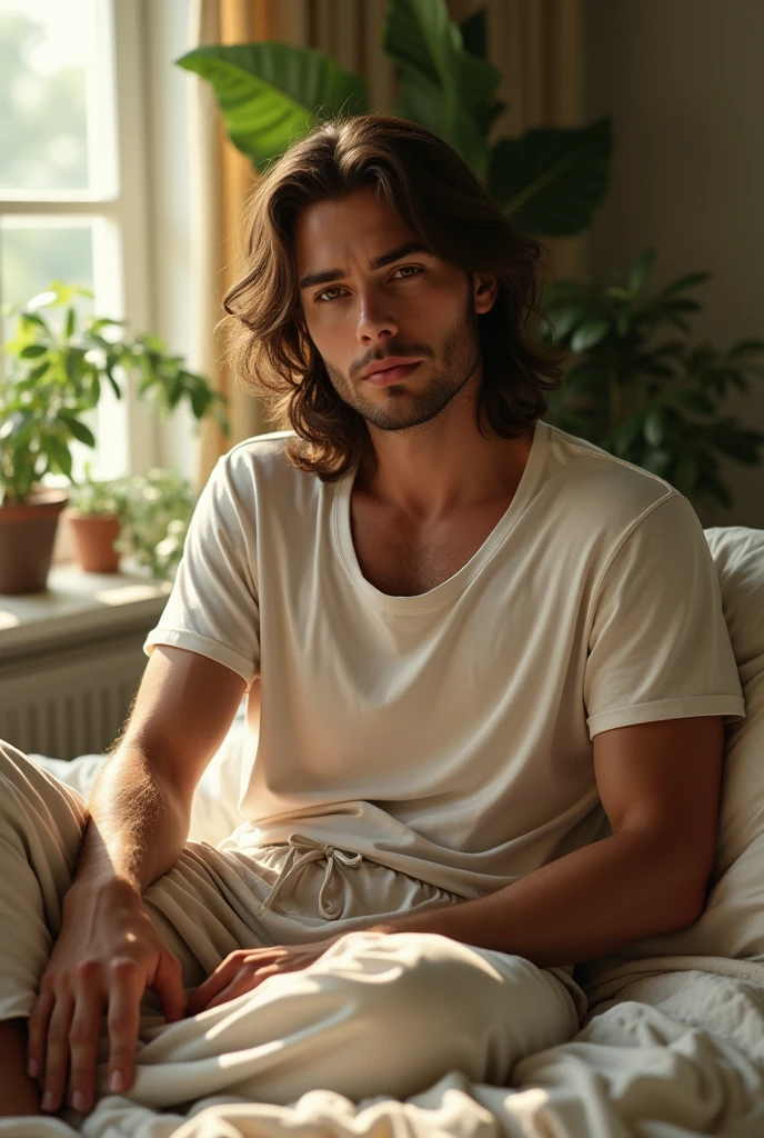 Attractive man, sitting on the bed, wearing a loose t-shirt with relaxed shoulders, pajama pants, long and slightly wavy hair, indoors, soft lighting, plants in the background, window with sunlight, cozy room, relaxed pose, realistic, intricate details, warm colors, in the style of Greg Rutkowski, in the style of Alphonse Mucha.