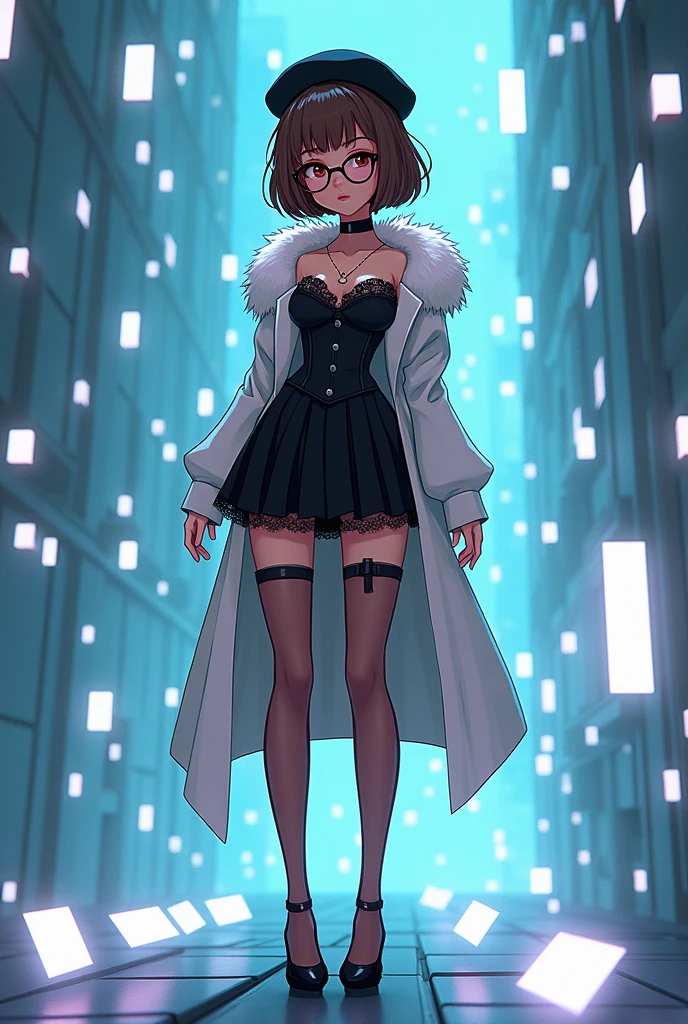 A bob brown haired woman wear round glasses wear a black lace corset, black skirt, black Beret, white boa fur, brown tights, black high heels, standing in the cyberspace, has a lot of holographic cube floating around, 3D animation, cartoonist