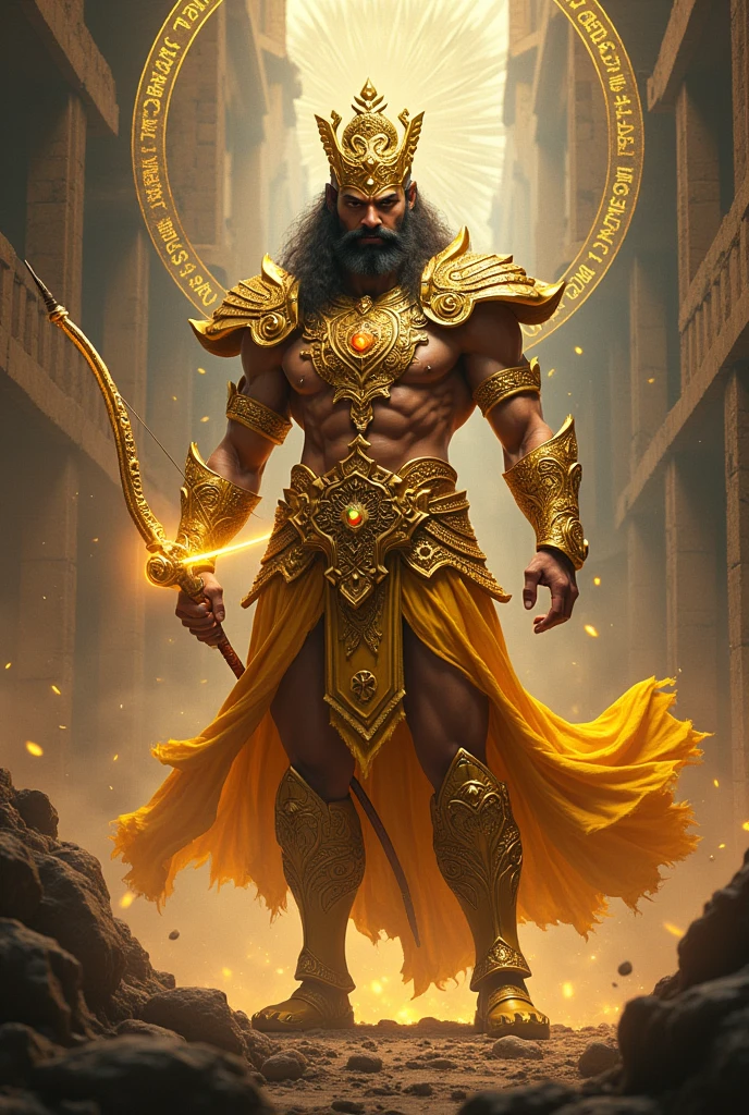 A character inspired by Indian mythology, such as a powerful figure resembling Arjuna or Karna.Adorned in golden, intricate armour, with mythical weapons like a bow that shoots arrows of light.Incorporate elements like a glowing aura around the character, and an ancient battlefield background with mystical symbols in the air.