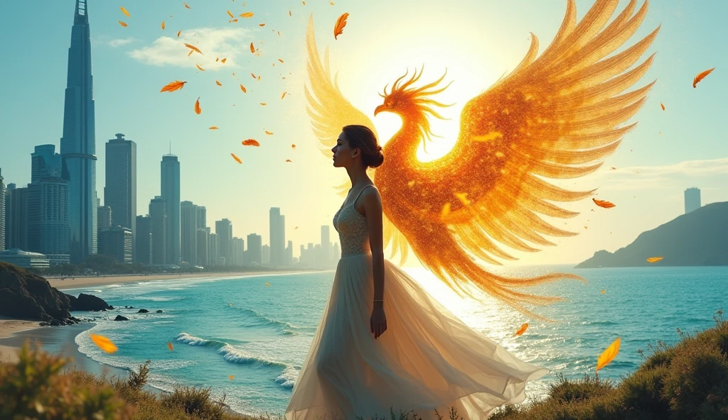Double exposure: 1.5, (Ultra HD photo, sharp outline quality), Best quality, Realistic 8K stock photo, (Silhouette of upper body of beautiful girl in fluffy dress waving looking at viewer_Close-up angle: 1.1),(behind silhouette stretched out the word "MUCAI") (Beautiful city background inside girl silhouette and golden phoenix flaming with beautiful wings overlapping inside girl silhouette_Zoomed in the middle..), (Golden feathers spread in the air with flapping wings_Dynamic angle), Outside silhouette, city on the left is paradise, blue beach on the right, blue sky outdoors on a sunny day, fluffy clouds, halo, (Realistic photo image with bright colors of blue, white and gold), Outside silhouette, background with green blur at the margins and word "MUCAI": 1.2,