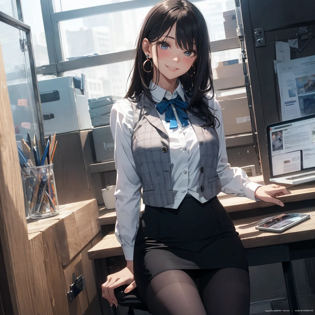 (Best Quality, Masterpiece),Wearing a pink plaid vest, White short sleeved shirt, Gray pencil skirt, Wear stiletto heels, Necklace, earrings, Cute face, Smile, Blushing, Shyness, Glass wall, Ultra Detail, Realistic, Front view, Whole body, stunning, cute, warm smile, hourglass figure, apron, text, chart, advertising, magazine title(Best Quality, Masterpiece), Mag((((1ladyl,)))) (masterpiece), (realistic), (best quality), (ultra-detailed), (wearing in [[white and gray check pattern]] Vest worn over white collared long-sleeved shirt:1.4), (gray vest with buttons:1.2), (Pink Theme:1.2), (blue ribbon ribbon:1.3), (Black theme:1.4), (Tight black pencil skirt:1.5), ((Brown pantyhose)), (high-heels:1.1),longskirt,office desk, office chair,Lulubre Unity 8K Wallpaper, pantyshot, long brown hair, office lady Magazine Cover, 1girl,  amazing, girl, 30 years old, house wiife, warm smile, hourglass figure, text, chart, advertising, magazine title