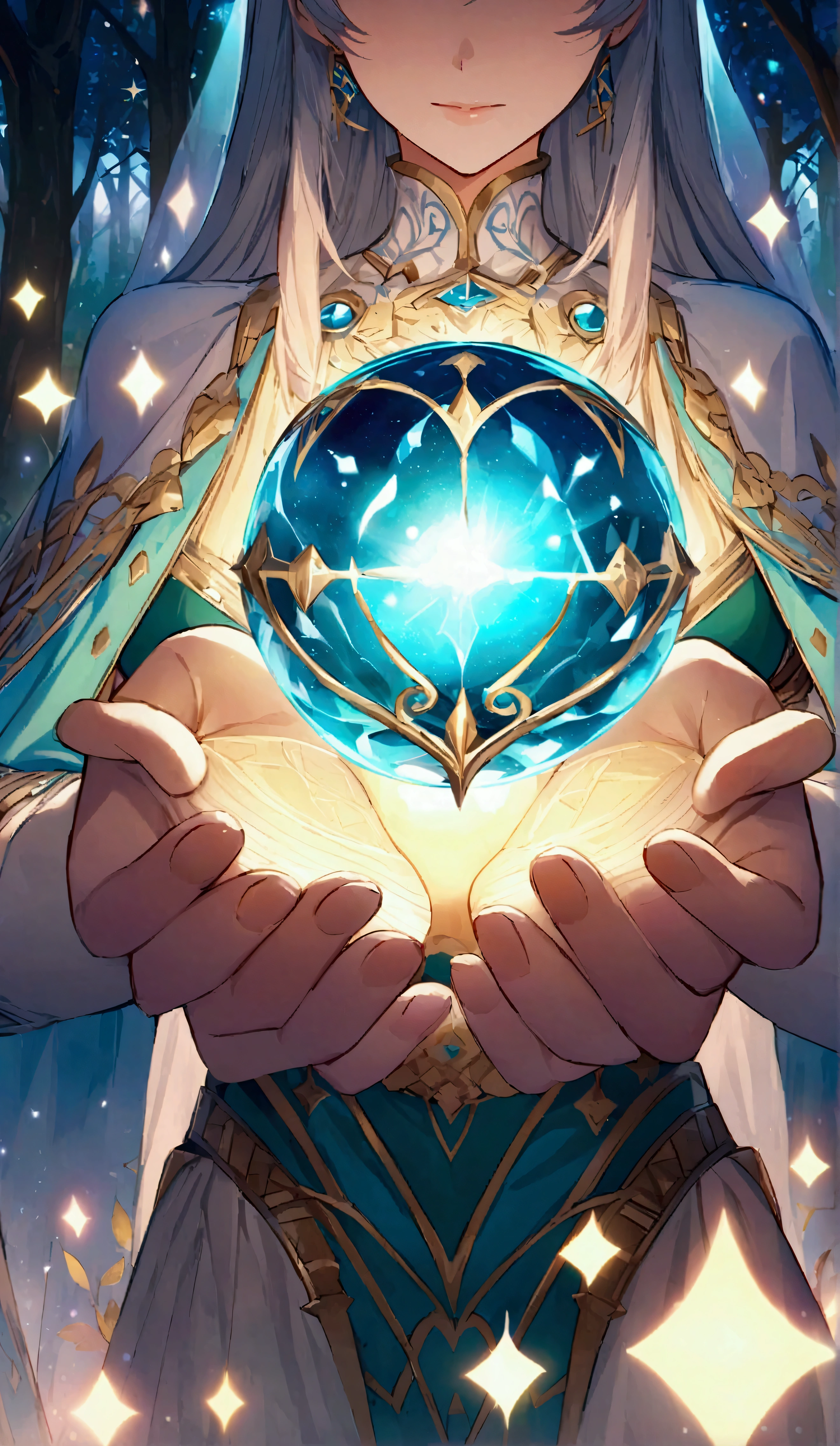 Create an anime of A high-definition anime-style illustration of a person holding a magical glowing orb, similar to a crystal ball, in their hands. The orb emits a soft, radiant light, with sparkling particles floating around it. The background is an enchanted forest with soft lighting filtering through the trees. The person's hands are detailed, and their clothing is intricately designed with patterns resembling ancient runes or magical symbols. The scene is peaceful and mystical, capturing the essence of magic and wonder