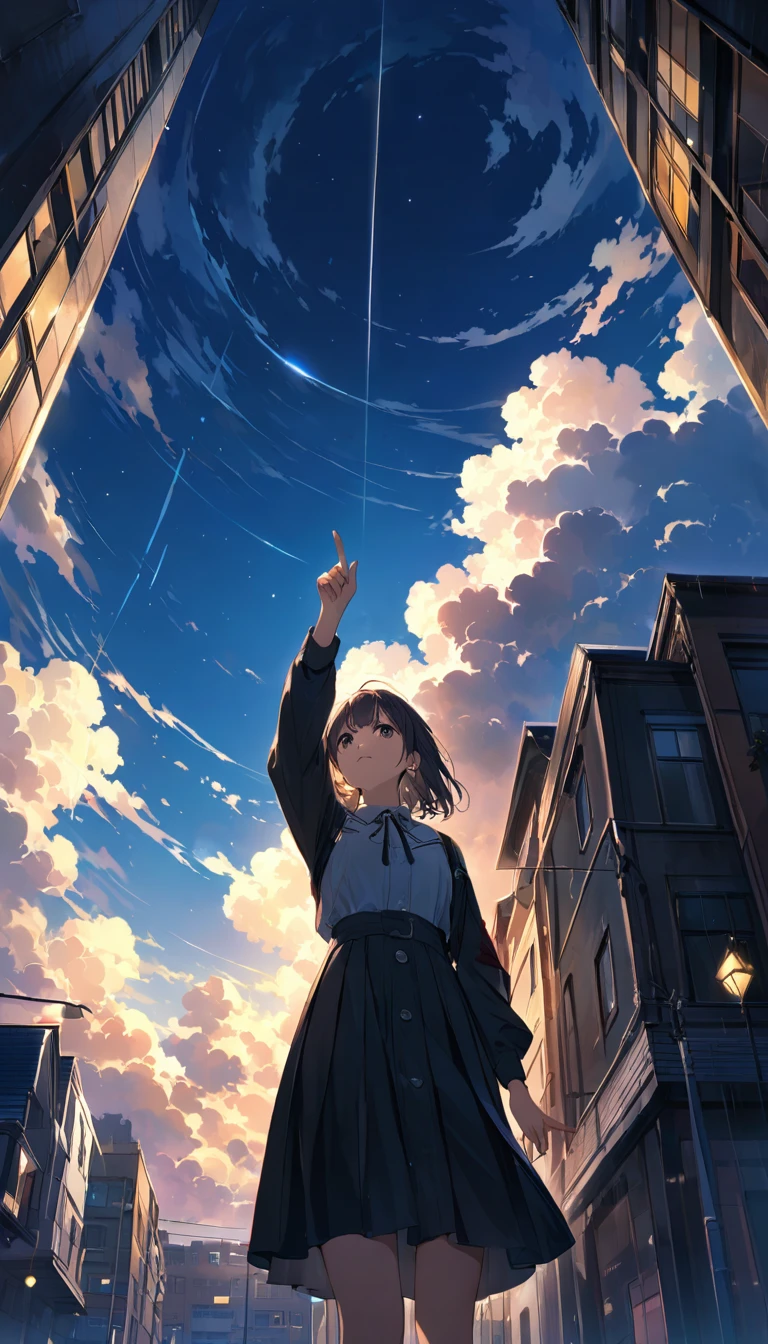 Look up at the sky、Girl with one hand pointing to the sky、after a heavy rain、Sunshine shining through dark clouds、Hope is the theme、Composition looking up from below、Night Sky