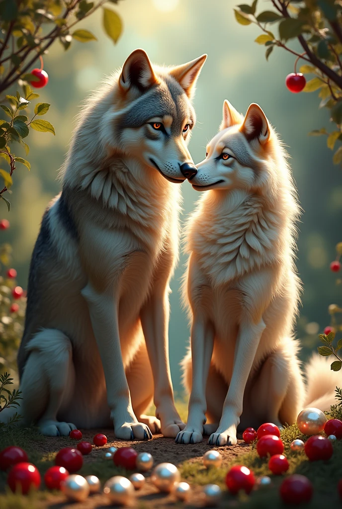 Wolf couple, surrounded by pearls and cherries