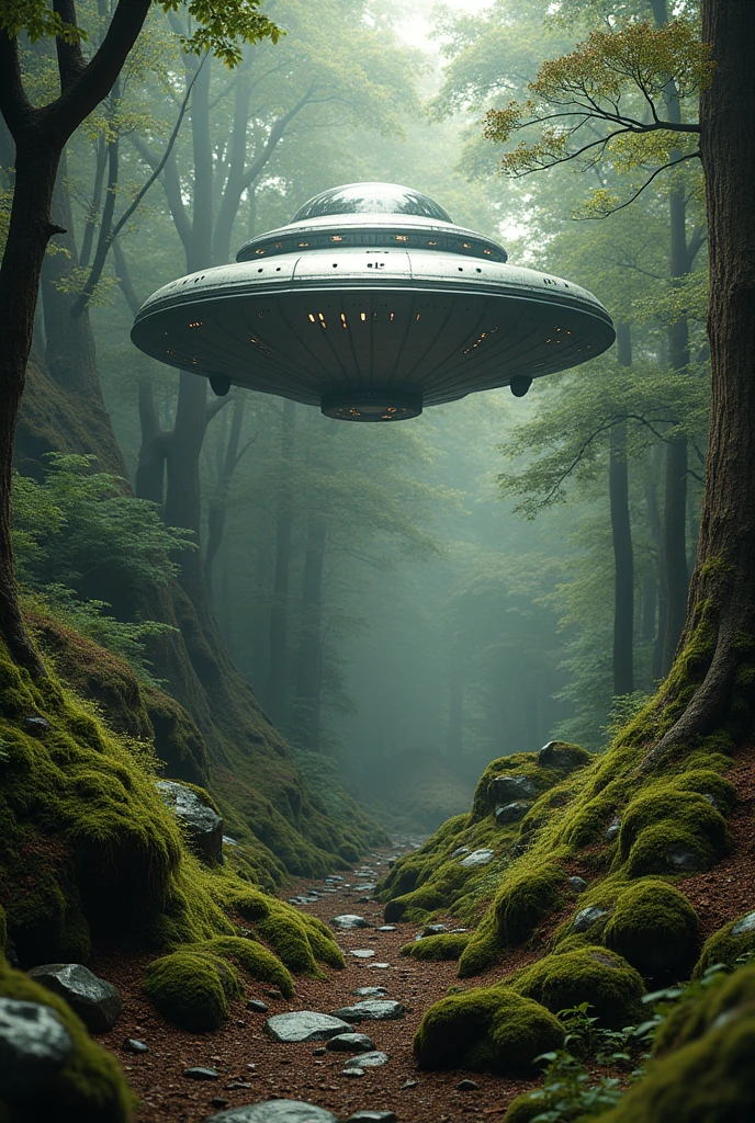 a flying saucer, disguised as a forest , Taking off. The flying saucer, there are trees, earth and rocks, to stay camouflaged