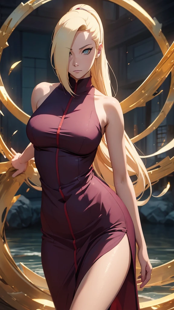 a beautiful detailed portrait of Ino Yamanaka from the anime Naruto Shippuden, Kale, making a seductive pose, showing his long, shapely legs, highy detailed, 8k, photorrealistic, dynamic lighting, swirly vibrant colors, film composition, dramatic lighting, long clingy dress