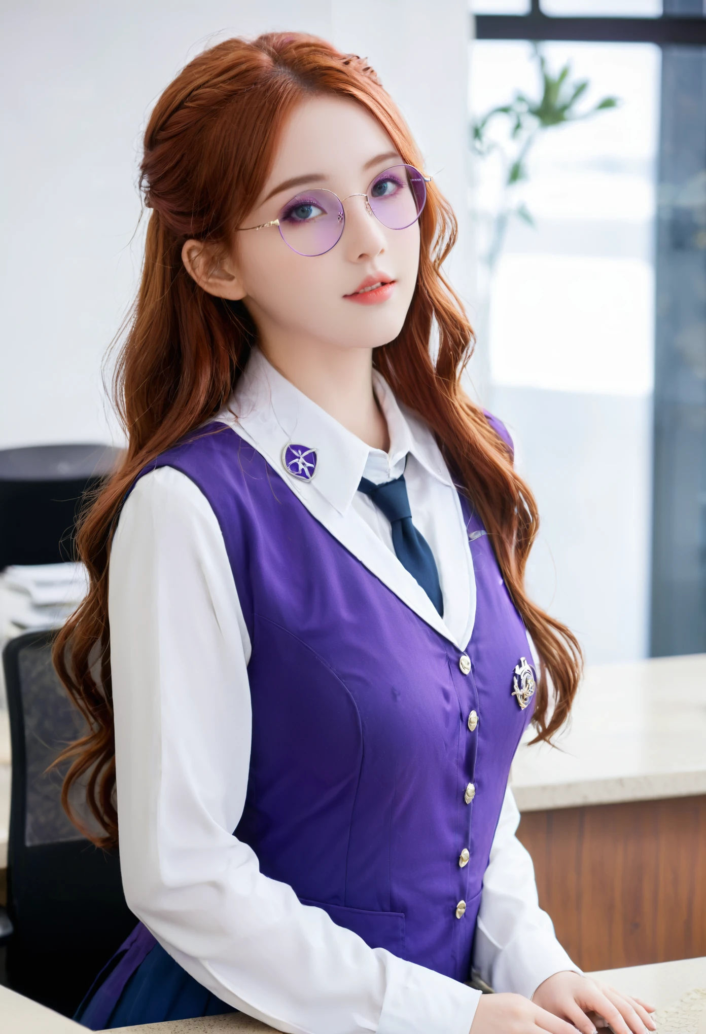 Guild girl, receptionist, ((medieval fantasy)), (another world), , red hair, wavy long hair, purple eyes, glasses, big breasts, receptionist uniform, blue and white uniform, calm atmosphere, reception counter ,analog,
