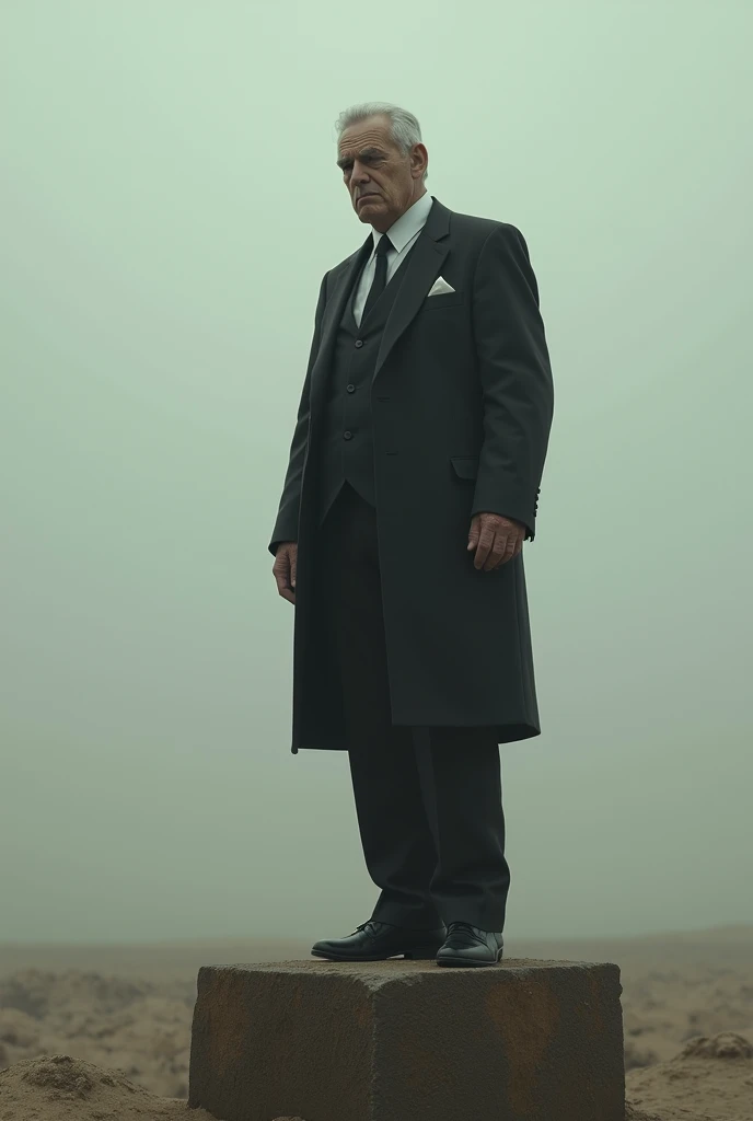 The image depicts an arrogant person standing on a high platform, looking smug, but surrounded by loneliness and emptiness. The person's facial expression gradually changes from pride to boredom, with eyes looking down, realizing that no one cares about his arrogance.