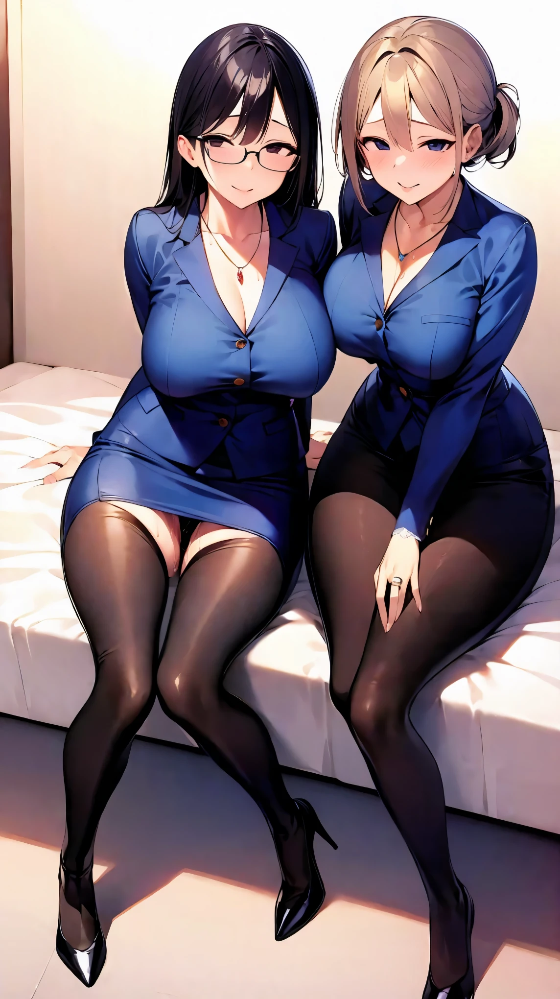 ((super high quality,))((Ultra-high resolution,))(16K,)(super masterpiece,)((Ultra HD ,))(Detailed shading,)Full body photo,Three sexy mothers,Sit side by side on the bed,Office Lady,((popped Tight collar White shirts,))Unbutton the third button,Black tight skirt,Glasses,blush,Ahegao,necklace,wedding ring,Sweaty,Flowing Love Juice,
