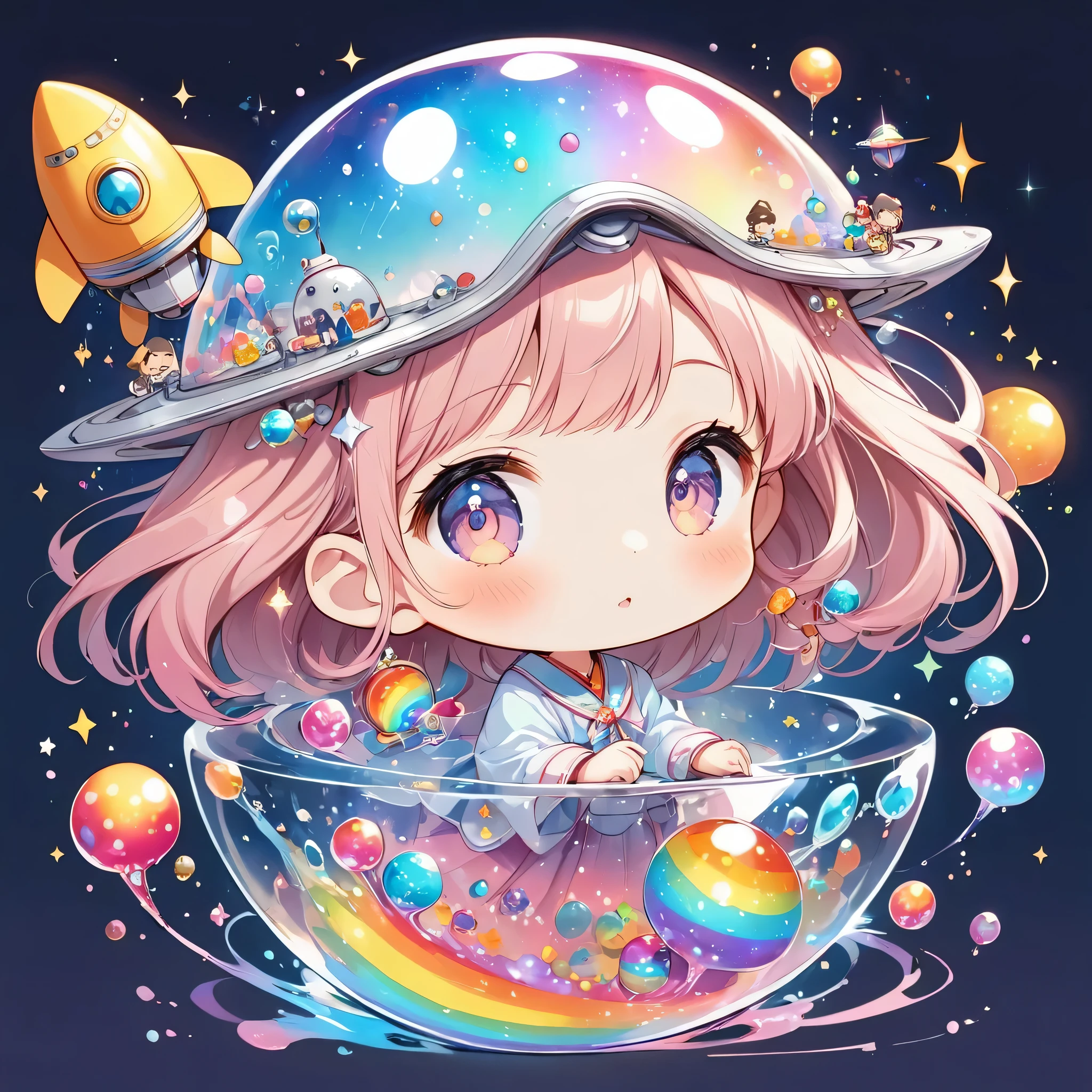 Hayao Miyazaki style, The most beautiful girl of all time, (((chibi))), (((Spaceship))), Cute Aliens, All in one, Tiny nuclei that shine in fantastical rainbow colors,and a completely melted jelly fusion, Very transparent material, High viscosity, Elasticity due to surface tension, Holographic sparkling reflections, Create an engaging impression on your audience