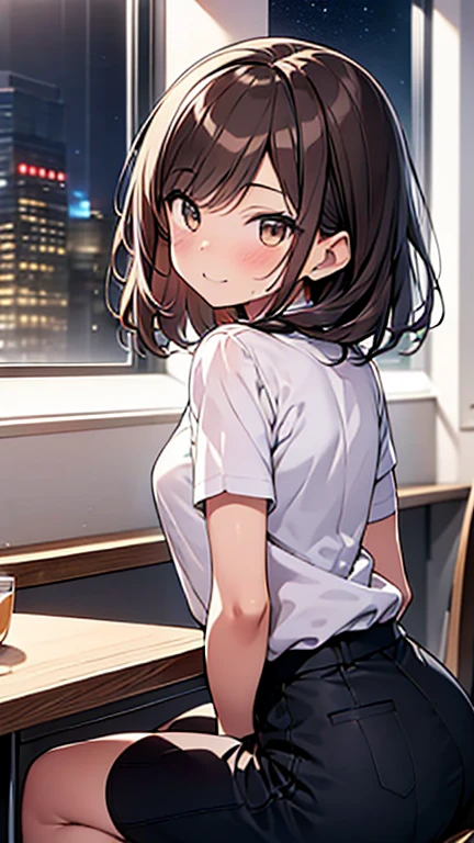 One girl、Dinner with her at an Italian restaurant、She sits at her table waiting for her pasta.、Drink a glass of water、Italian food is served to the table、Outside the window is a night view、Pleasant music is playing、(Brown hair short cut)、Beautiful flowing brown hair、Perfect Face、Cute and symmetrical face、Shiny skin、Relaxed smile、Very clear, reflective brown eyes、Slightly chubby、Small breasts、buttocks are small、Girl in casual clothes、Let's think step by step,Highest quality、masterpiece、 Ultra-high resolution 、8k、Show anime style 、Soft Line Art、Digital Enhancement、 shojo anime touch, shojo manga core, Flowing fabric、Soft Drawing、 Ultra-Definition Digital Anime Art、 Clear facial depiction、Super detailed girl cartoon character art、 Ultra-detailed manga style、 Highest qualityの色、Angle from head to butt