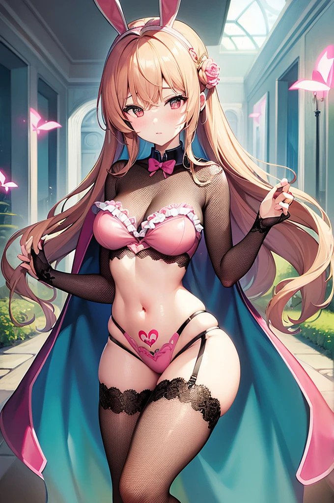 ((best quality)), ((masterpiece)), (detailed), perfect face, girl, pink bunny suit, fishnet stockings, luxury room theme, glowing pubic tattoo, exposed stomach,