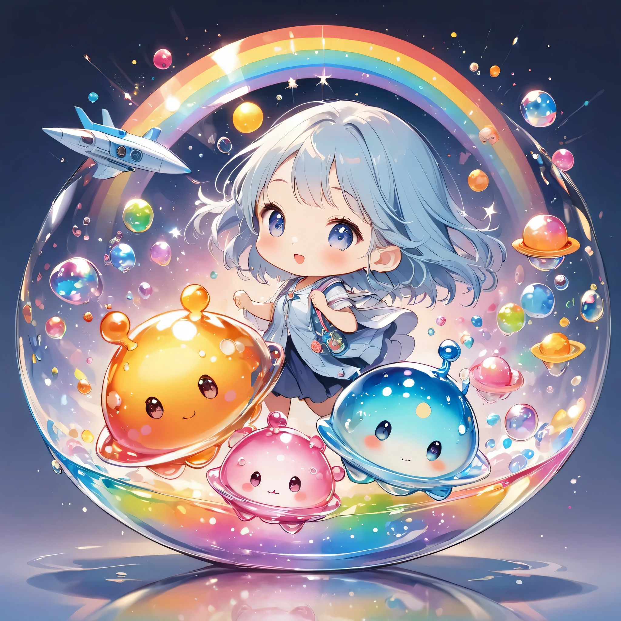 Hayao Miyazaki style, The most beautiful girl of all time, (((chibi))), (((Spaceship))), Cute Aliens, All in one, Tiny nuclei that shine in fantastical rainbow colors,and a completely melted jelly fusion, Very transparent material, High viscosity, Elasticity due to surface tension, Holographic sparkling reflections, Create an engaging impression on your audience
