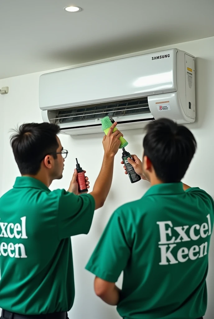 Technicians cleaning split type aircon one indoor unit only holding cleaning materials for ac unit with "excel keen" As their green uniform. Do not include outdoor unit. Samsung ac unit