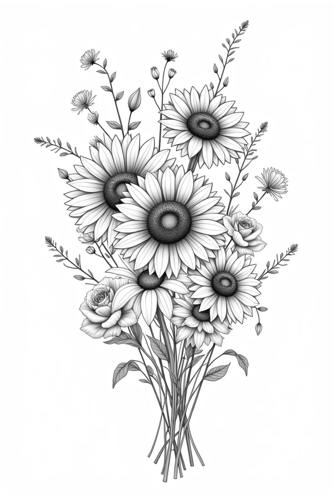 Can you make me a template to draw a bouquet of sunflowers and other flowers in black and white??