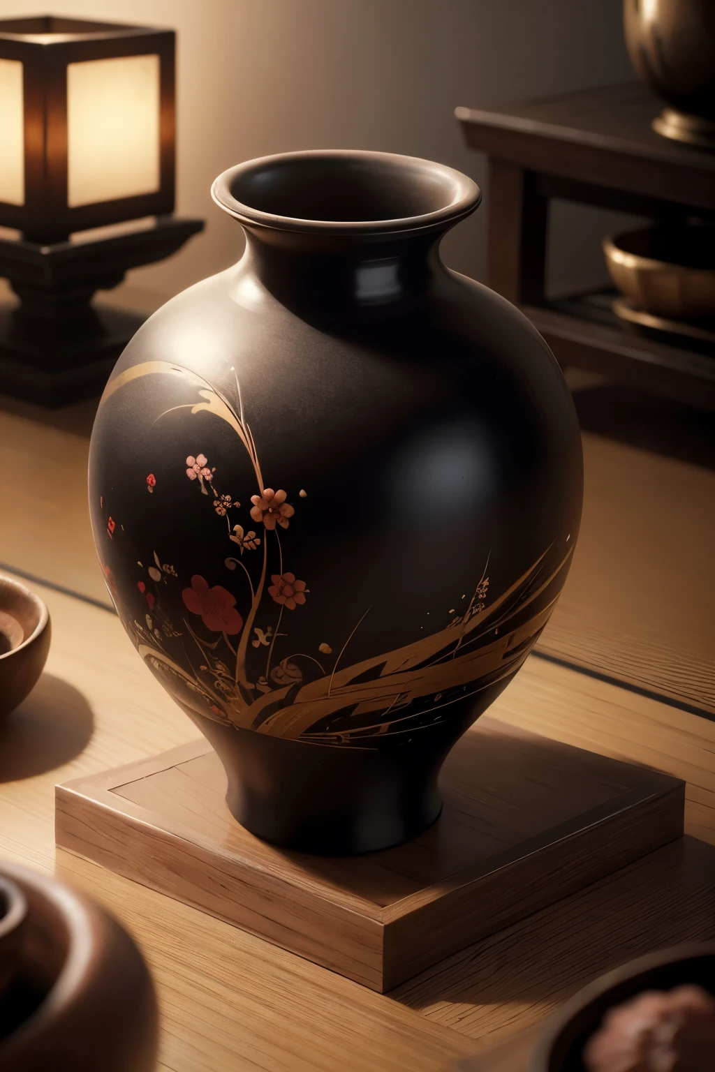 (best quality,8k,highres, masterpiece:1.2), ultra-detailed, HDR, UHD, studio lighting, ultra-fine painting, sharp focus, physically-based rendering, extreme detail description, professional, vivid colors, bokeh, portraits, concept artists, warm color palette, dramatic lighting,Pottery vessels, autumn flowers alive, Japan flower arrangement, tranquility, beauty, Japanese heart, ceramic vessels close to black, Japanese-style rooms,