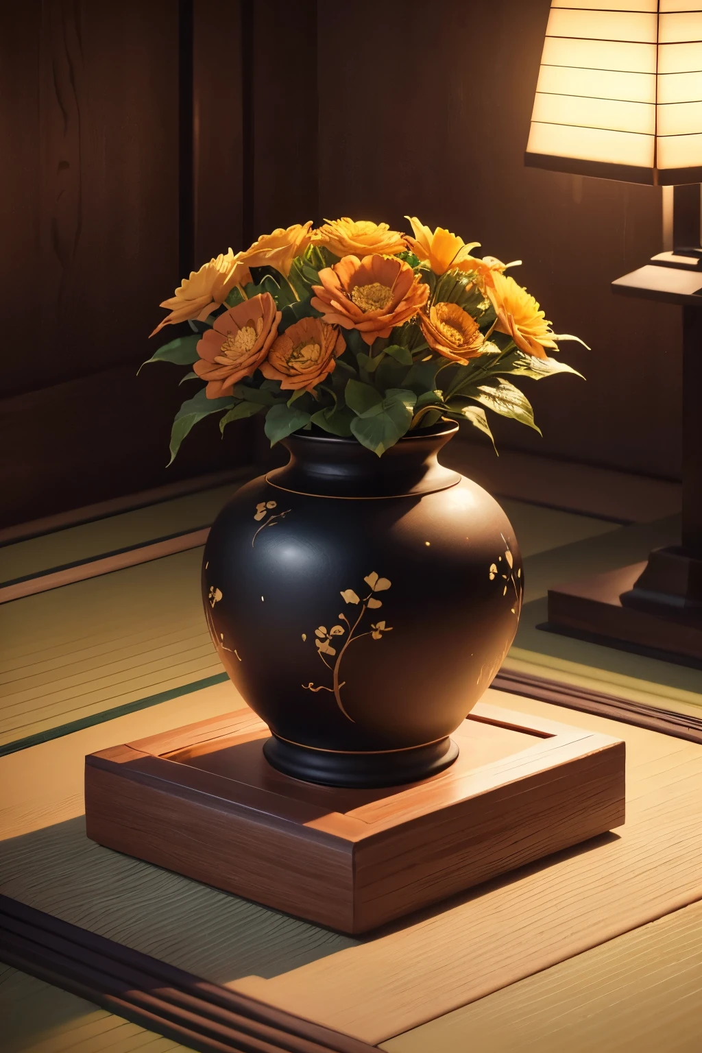 (best quality,8k,highres, masterpiece:1.2), ultra-detailed, HDR, UHD, studio lighting, ultra-fine painting, sharp focus, physically-based rendering, extreme detail description, professional, vivid colors, bokeh, portraits, concept artists, warm color palette, dramatic lighting,Pottery vessels, autumn flowers alive, Japan flower arrangement, tranquility, beauty, Japanese heart, ceramic vessels close to black, Japanese-style rooms,