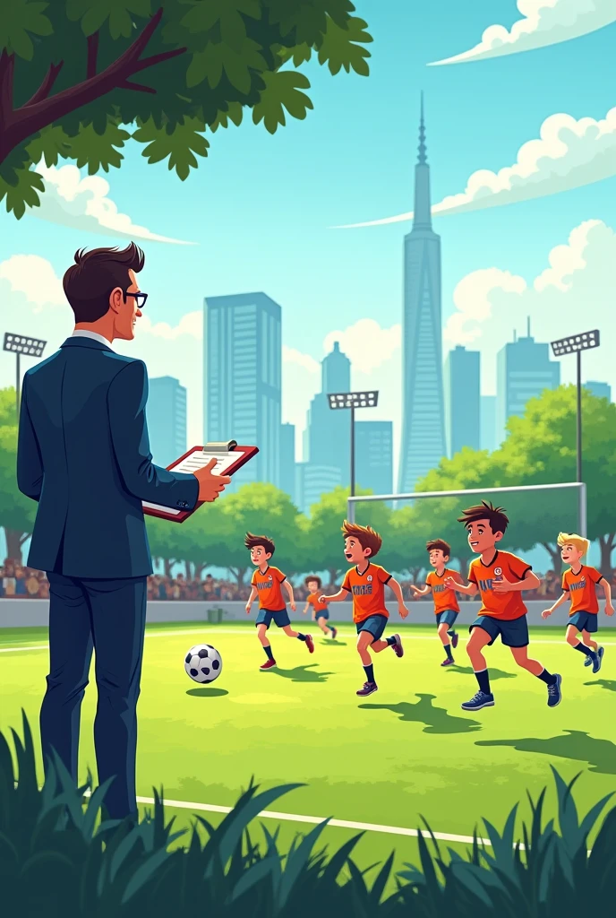 Cartoon of a talent scout watching teenagers playing football 