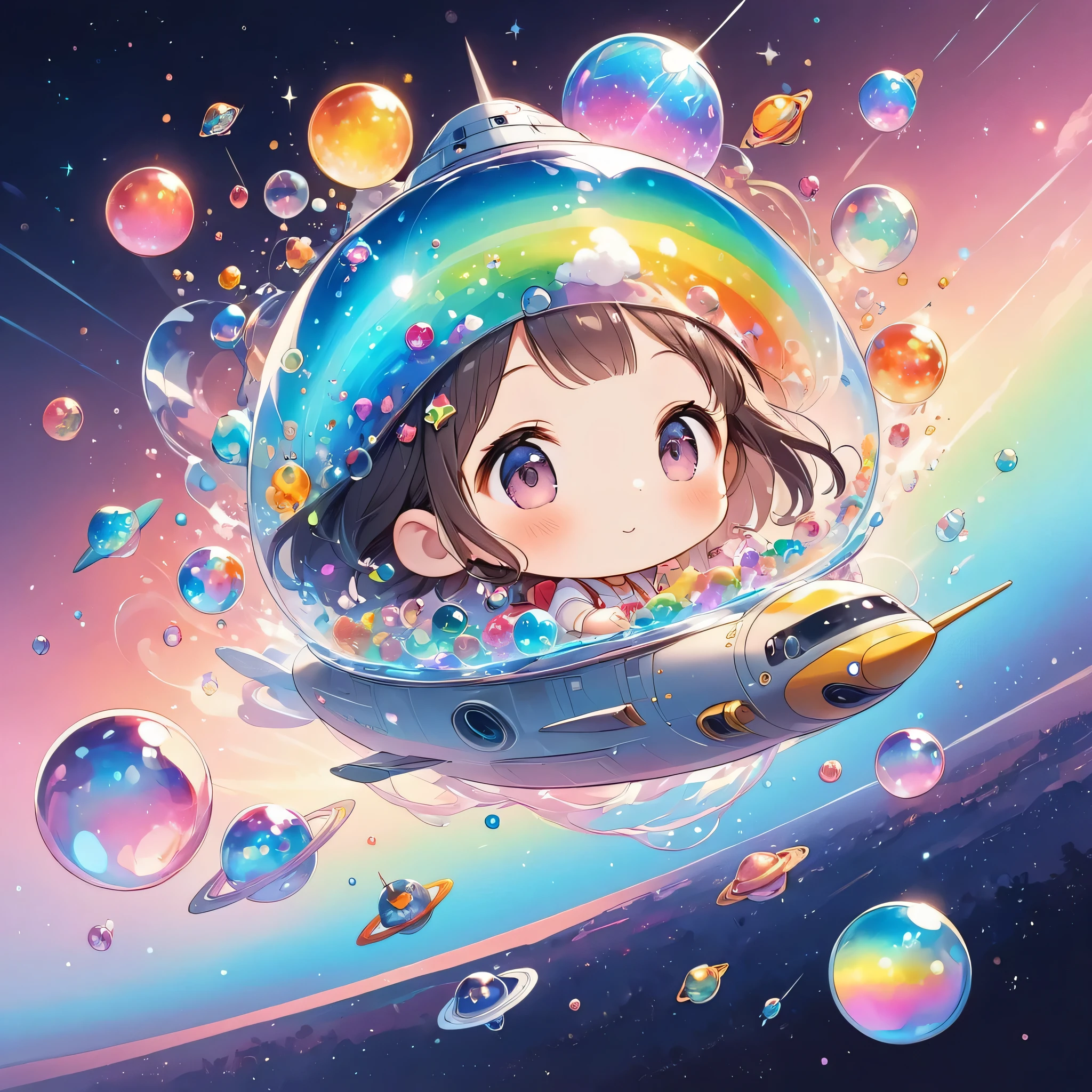 Hayao Miyazaki style, The most beautiful girl of all time, (((chibi))), (((Spaceship))), Cute Aliens, All in one, Tiny nuclei that shine in fantastical rainbow colors,and a completely melted jelly fusion, Very transparent material, High viscosity, Elasticity due to surface tension, Holographic sparkling reflections, Create an engaging impression on your audience