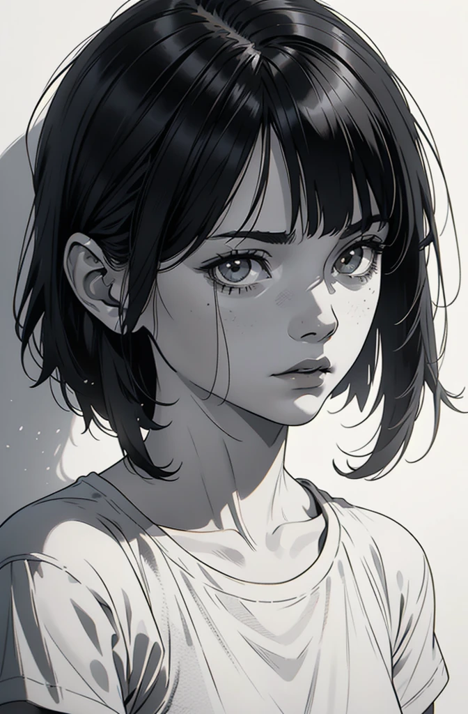 1 boyish girl, solo, sharp eyes, expressionless, monochrome, greyscale, short black hair, portrait, white T-shirt, closed mouth, (looking at viewer), graphite \(medium\), detailed lips, hatching \(texture\), without makeup, bangs, (full upper body and head), (best illustration), (best quality), (very detailed), (masterpiece), expressionless,
