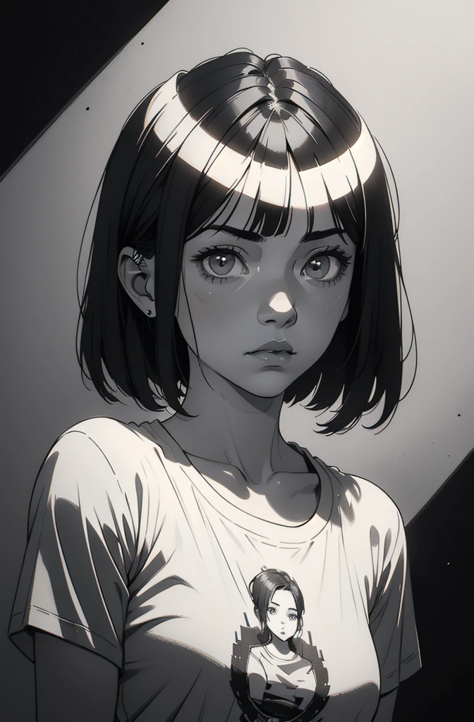 1 boyish girl, solo, sharp eyes, expressionless, monochrome, greyscale, short black hair, portrait, white T-shirt, closed mouth, (looking at viewer), graphite \(medium\), detailed lips, hatching \(texture\), without makeup, bangs, (full upper body and head), (best illustration), (best quality), (very detailed), (masterpiece), expressionless,