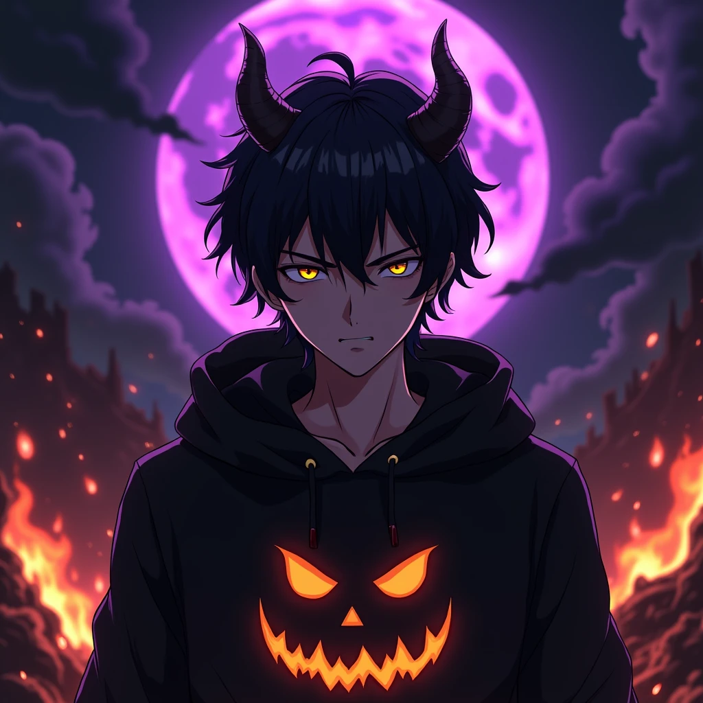 High resolution, Highest quality, masterpiece, Attention to detail, Black Hair, Portraiture, Horns of the beast,burning,male,Anime Style,Jack O'Lantern Black Hoodie'-Lantern design,The purple full moon is shining,