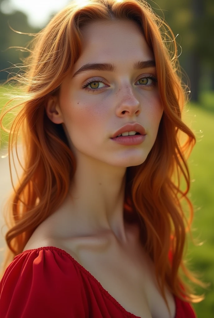 A closeup of a girl with long black hair and brown eyes with a red dress sitting in the park, foto retrato suave , color photograph portrait 4k, flowing ginger hair, cabelo longo de gengibre ventoso, retrato suave, large eyes and flowing long hair, cinematic portrayal, retrato colorido, cinematic realistic portrait, Redhead Girl, Retrato tirado 8K, Redhead Girl, rosto jovem atraente, modelo feminina, rosto detalhado, Katherine McNamara 8k