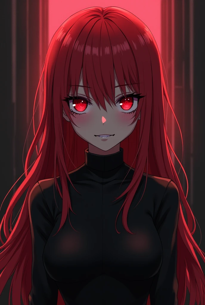 an anime girl, redhead and bright red eyes,with an evil look and smile ,with cold clothes