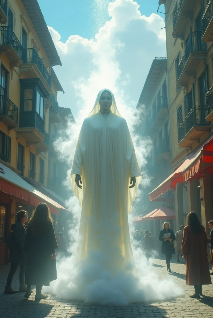 Spiritual spectral man dressed in white emerging from a cloud in the middle of a square