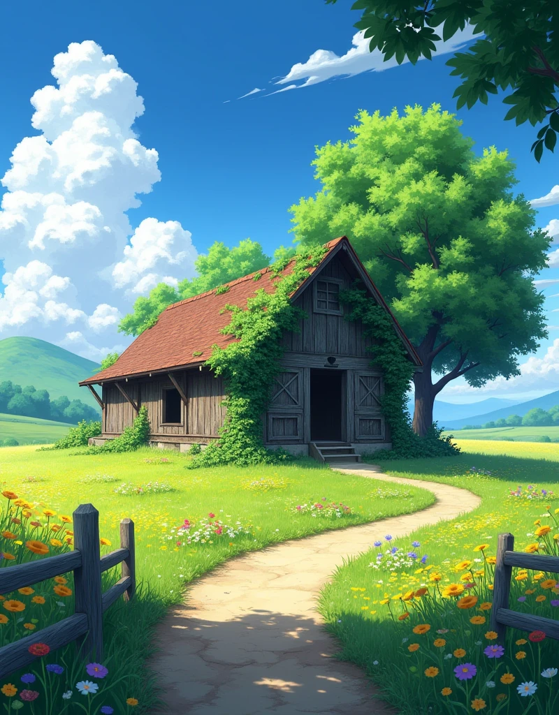 Create a highly detailed anime-style illustration of a serene countryside scene on a bright, sunny day. The focal point is an old, rustic wooden barn covered in ivy, with its weathered roof partially concealed by lush greenery. The barn is set in the middle of a sprawling, flower-filled meadow. The meadow is vibrant with wildflowers in various shades of yellow, red, purple, and white, swaying gently in the breeze.
A dirt path winds through the meadow, leading toward the barn, with a weathered wooden fence running alongside it. The fence is slightly broken in places, adding to the rustic charm of the scene. A large, majestic tree with dense green foliage stands next to the barn, casting cool, inviting shadows on the ground.
In the background, rolling hills covered in lush greenery extend toward the horizon, under a sky filled with fluffy white clouds. The sky is a bright, clear blue, with the sunlight casting a warm glow across the landscape, creating a peaceful, idyllic atmosphere.
The overall mood of the illustration should be tranquil and nostalgic, evoking a sense of simple, rural life in harmony with nature. The color palette should be rich and vibrant, with a focus on natural greens and the vivid colors of the wildflowers, contrasted with the earthy tones of the barn and path.