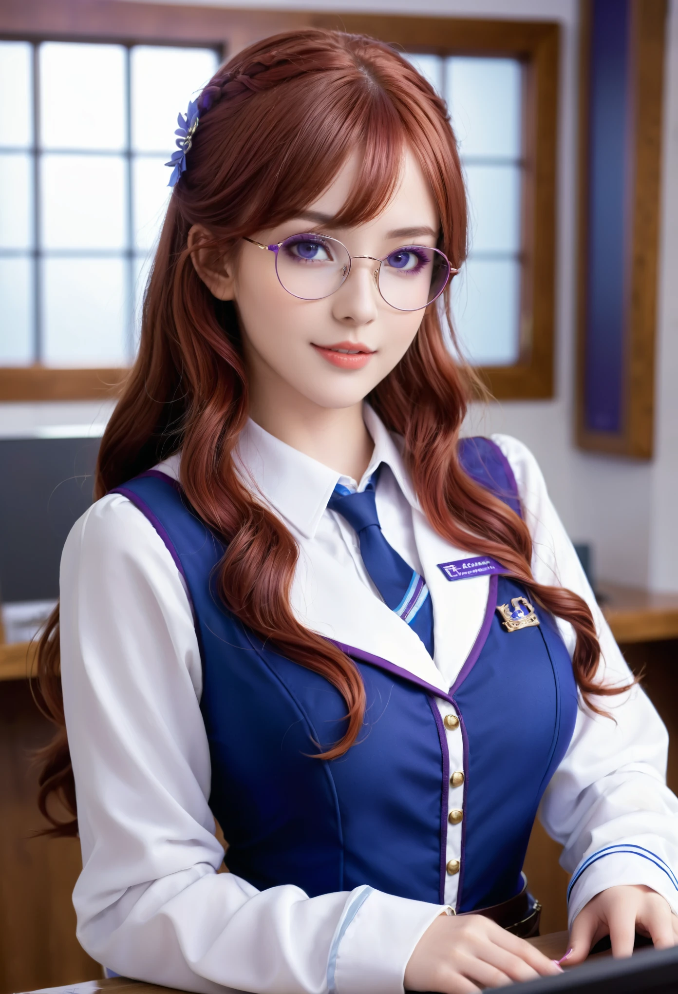 Guild girl, receptionist, ((medieval fantasy)), (another world), , red hair, wavy long hair, purple eyes, glasses, big breasts, receptionist uniform, blue and white uniform, calm atmosphere, reception counter ,analog,