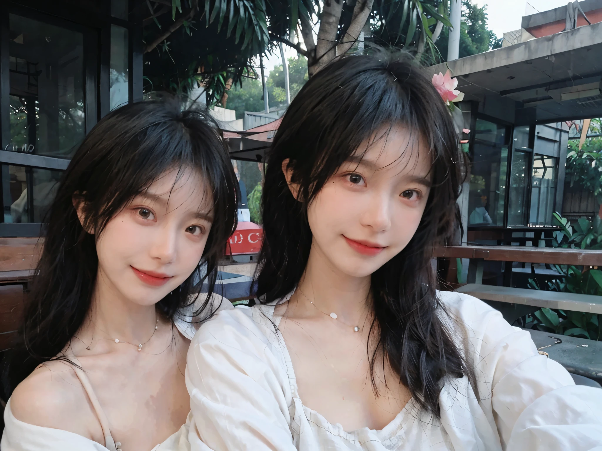 best qualtiy, Ultra-high resolution, (realisticlying:1.4),cute hairpin,Baoyu Girl,European style apartment,(flatchest:1.2) ,A pair of clear and moving peach blossom eyes,Royal Sister,sunshine on face,Big waves,(ln the forest:1.4),(choker necklace:1.2),(Fair skin:1.4),a sense of atmosphere,a beauty girl, ssmile,head straight-looking at viewer, closeup cleavage ,(Photorealistic:1.4),1girll,sexly,(Upper body:1.4),(Wet body),(:1.2)