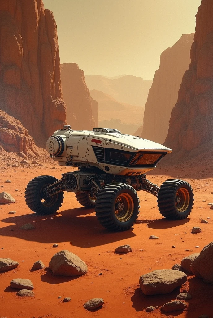 Please create a Renaissance-style painting of a Mars rover. Use techniques like chiaroscuro and a warm color palette.