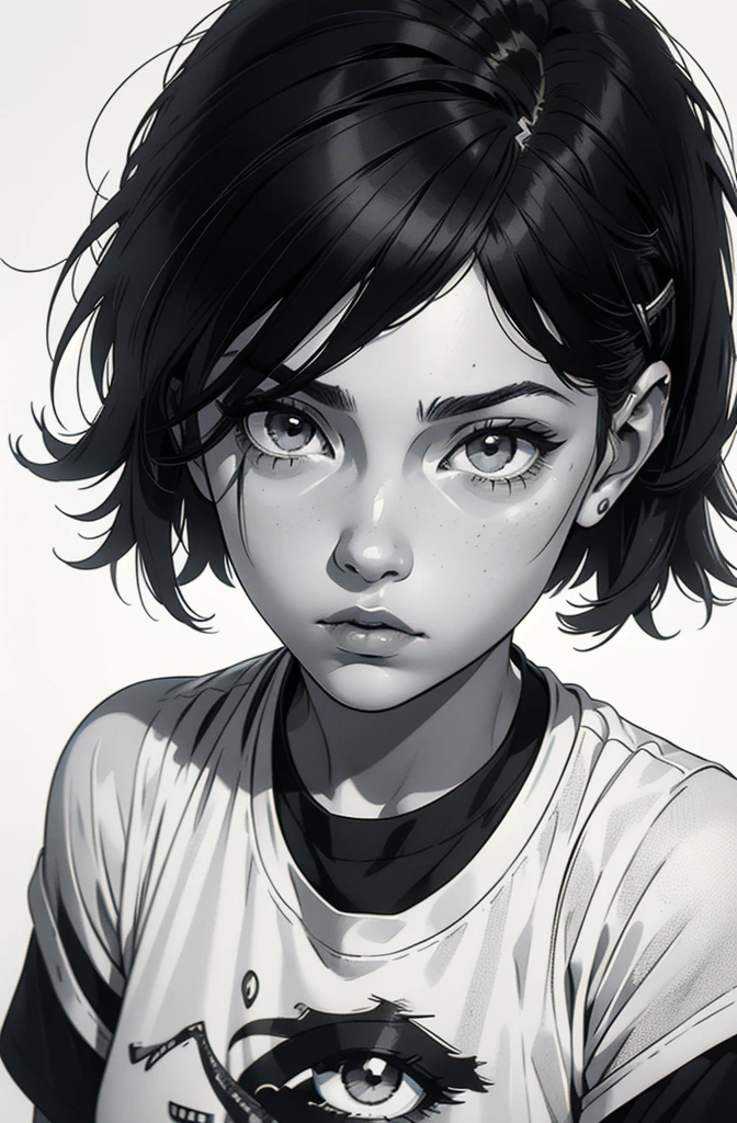 1 boyish girl, solo, sharp eyes, expressionless, monochrome, greyscale, short black hair, portrait, white T-shirt, closed mouth, (looking at viewer), graphite \(medium\), detailed lips, hatching \(texture\), without makeup, bangs, (full upper body and head), (best illustration), (best quality), (very detailed), (masterpiece), expressionless,