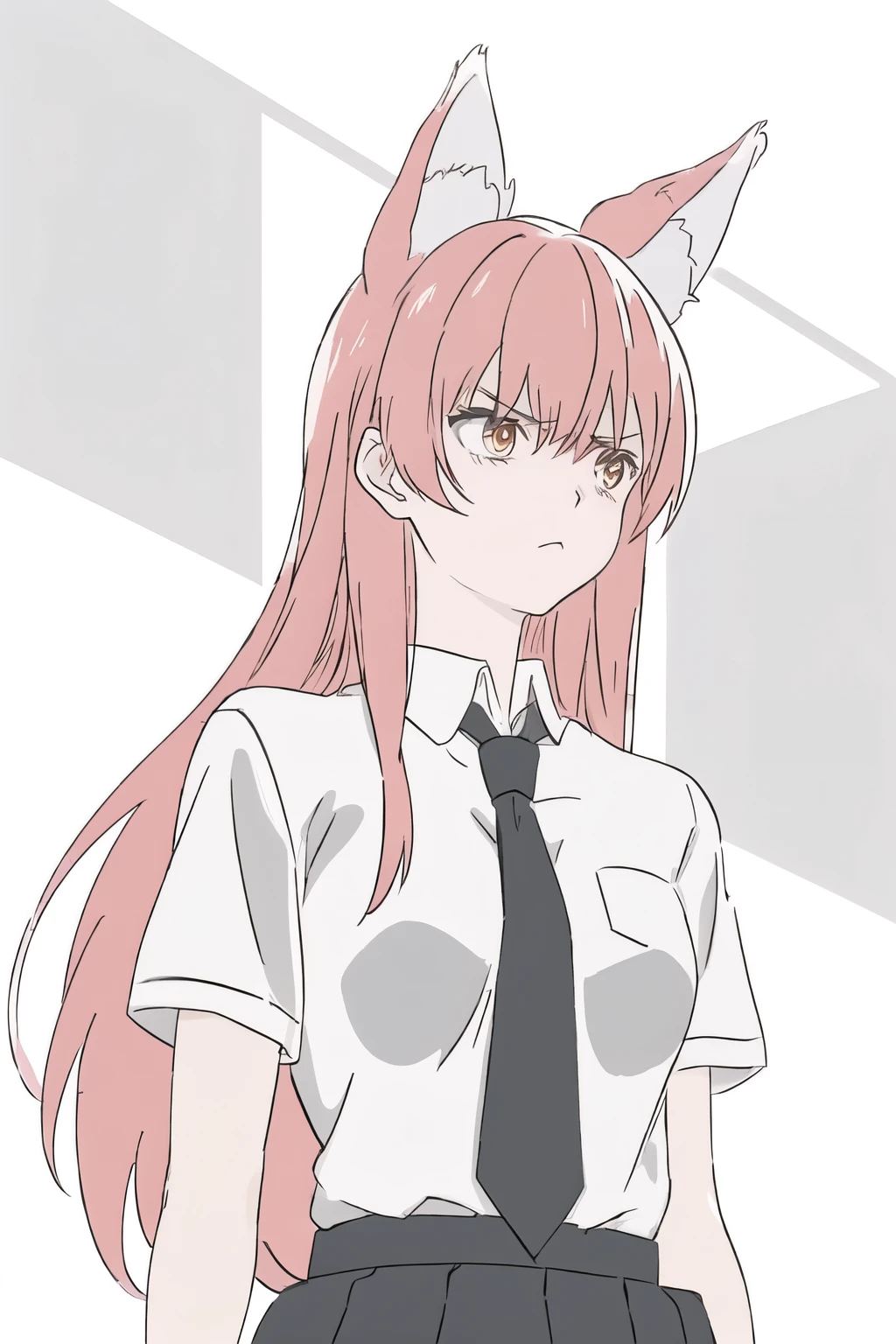 (1woman,20years old),white shirt,short sleeves,black standard tie,black skirt,red hair, upper body,long hair, fox ears, serious,(school background),