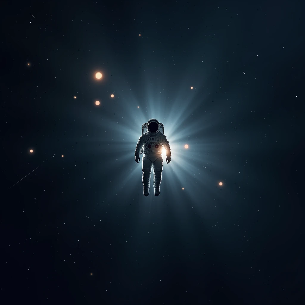 Astronaut in space. , shines , Many stars , constellations , galaxies , a flash of light comes out of his suit