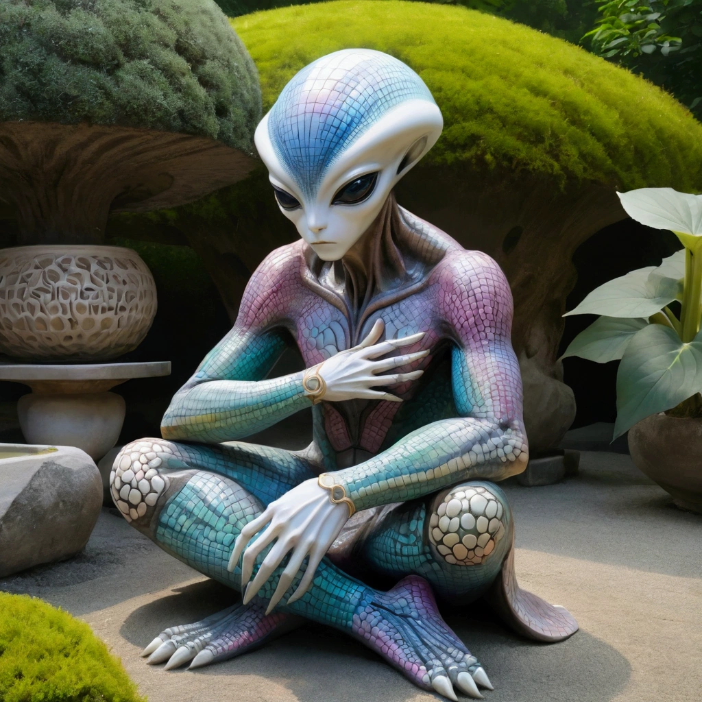 (Beautiful ceramic surface Alien), Sitting on a stone, Holding chin with both hands, Diffuse lighting, fantasy, complex, elegant, Colorful grid suit, Very detailed, Artworks of Yoshitaka Amano，Garden Background，