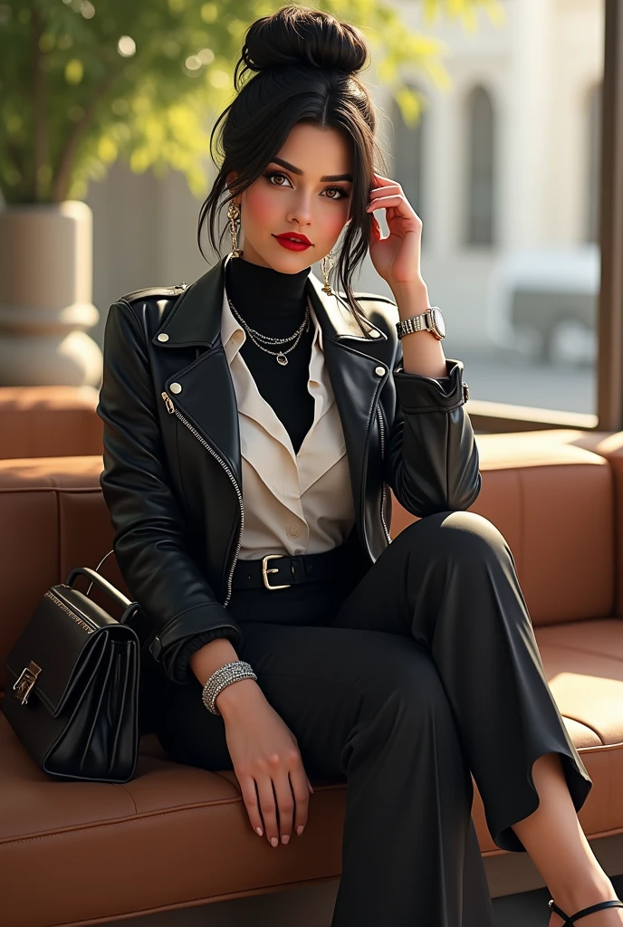 Full body beautiful white curvy hourglass body shape lebanese woman, 5'8" tall, medium top bun black hair, deep brown round eyes, wearing close zipped up black black biker leather jacket, black wide leg belted pants, rolled up sleeves, zipping up jacket, up collar, collared white formal button down blouse under jacket, black turttleneck collar shirt under blouse, shy smile, tender look, sitting on sofa free at a cafe, high hill sandals, summer sunny day, bag, watch and bracelet, neck chain, ear rings, red lips, crossing legs, hand fixing the hair