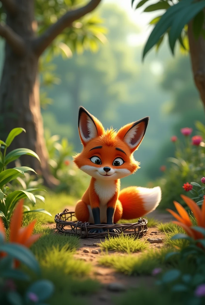 In 3D animation style The fox struggling inside the trap with a look of embarrassment.
26. **Jungle’s Peace**: A peaceful jungle scene